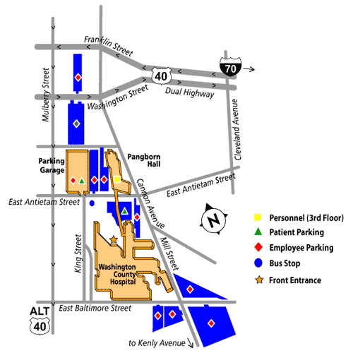 Map of Washington County Hospital and surrounding roads, buildings and parking lots